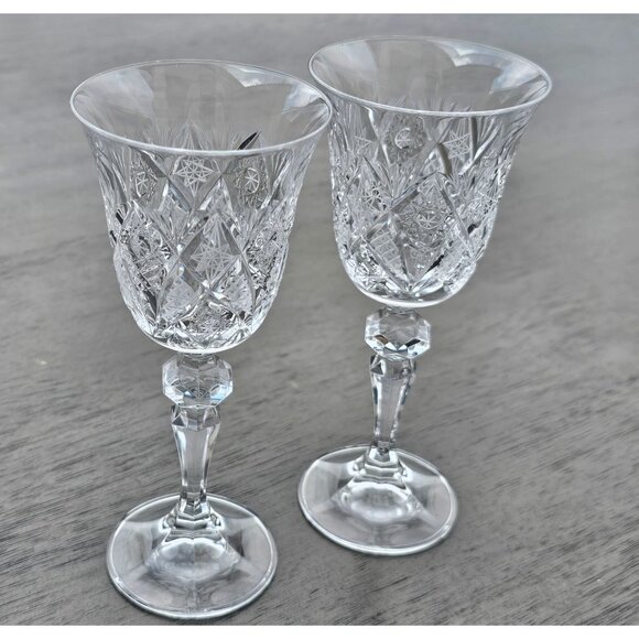 2 Bohemian Hand Cut Fine Crystal Wine Glasses 6.5" stars fans cut glass barware - Picture 2 of 10